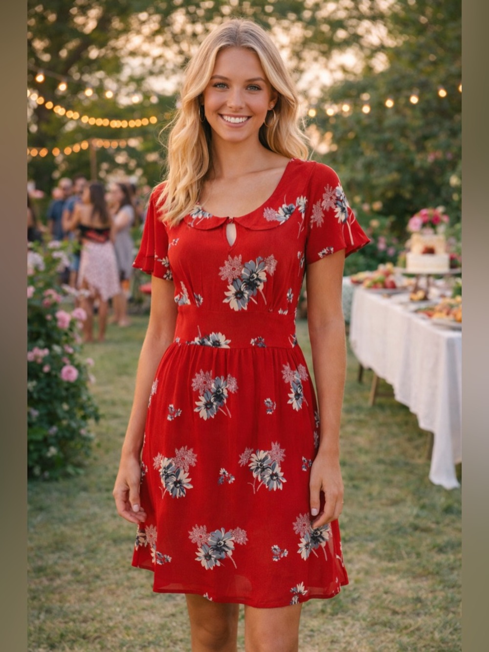 American Eagle Red Floral Dress Keyhole Babydoll Mini Boho Sz 10 L Garden Party